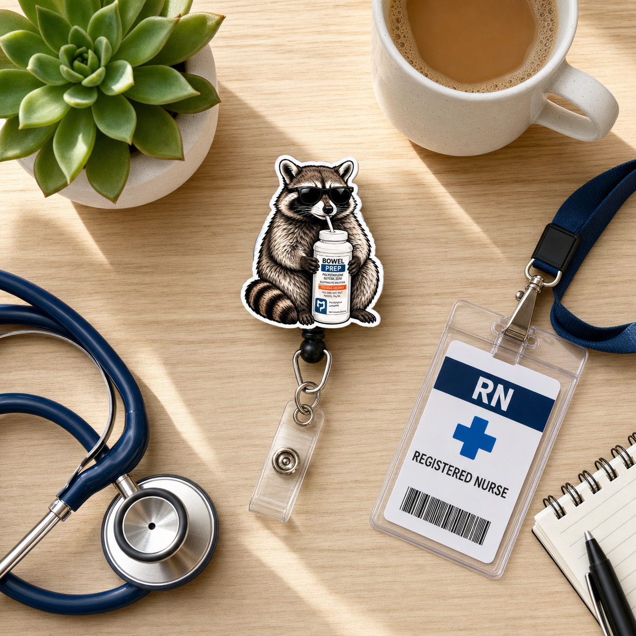Funny Raccoon Drinking Bowel Prep GI Nurse Badge Reel
