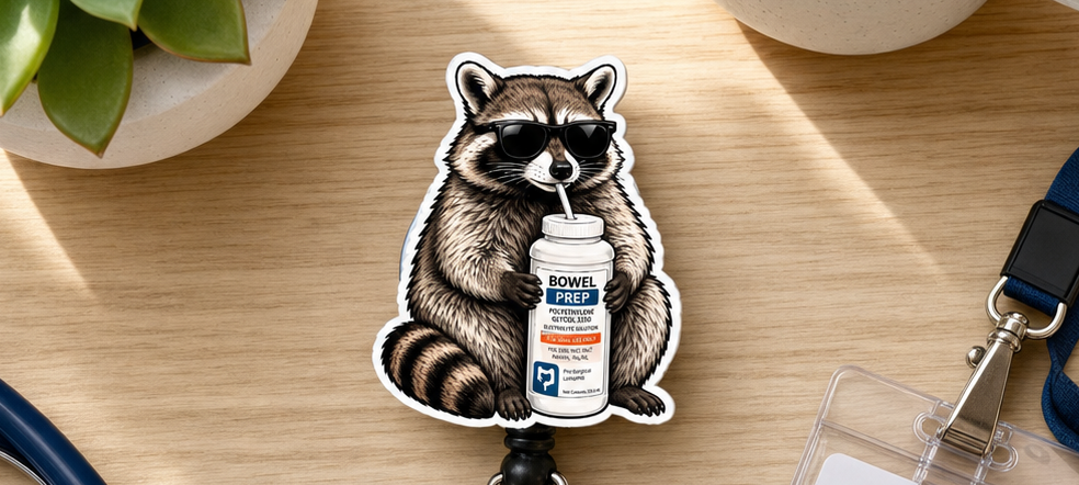 A nurse-themed retractable badge reel featuring a raccoon holding a medication bottle, shown on a light wood desk with a stethoscope, plant, coffee cup, and nurse ID badge.