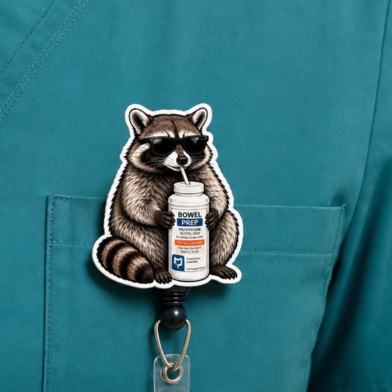Funny Raccoon Drinking Bowel Prep GI Nurse Badge Reel
