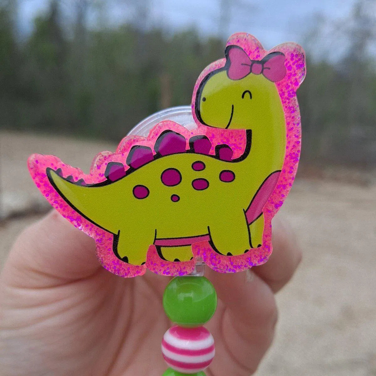 Cute Girly Dinosaur Work Id Badge Reel Holder Clip.