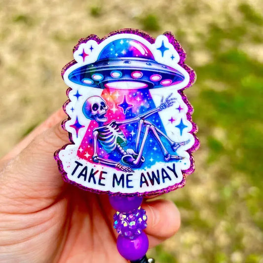 Funny Take Me Away Skeleton Work Id Badge Reel