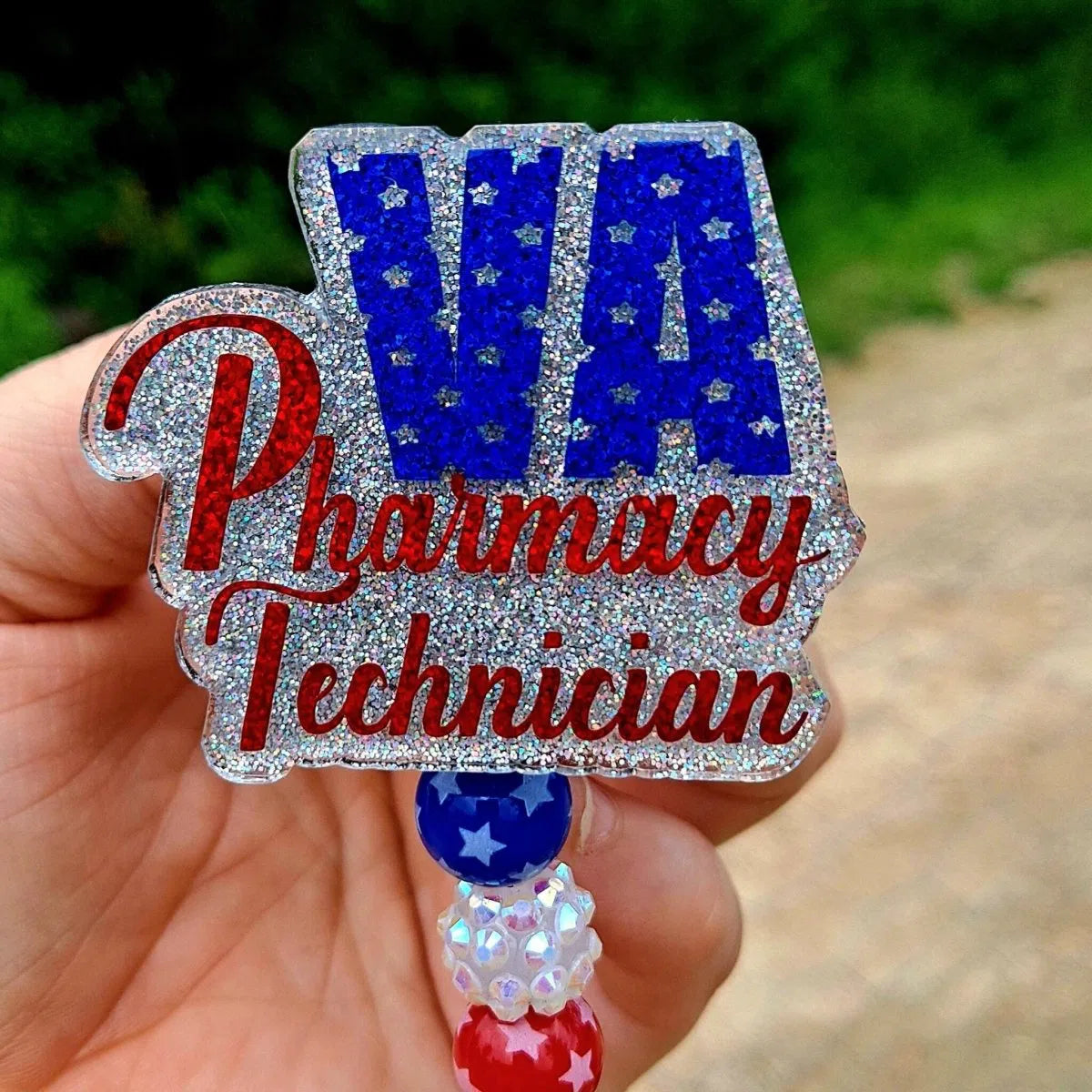 Glitter VA Pharmacy Technician Badge Reel Holder Clip.