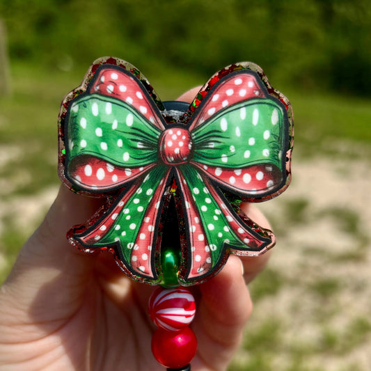 Coquette Christmas Red and Green Bow Badge Reel