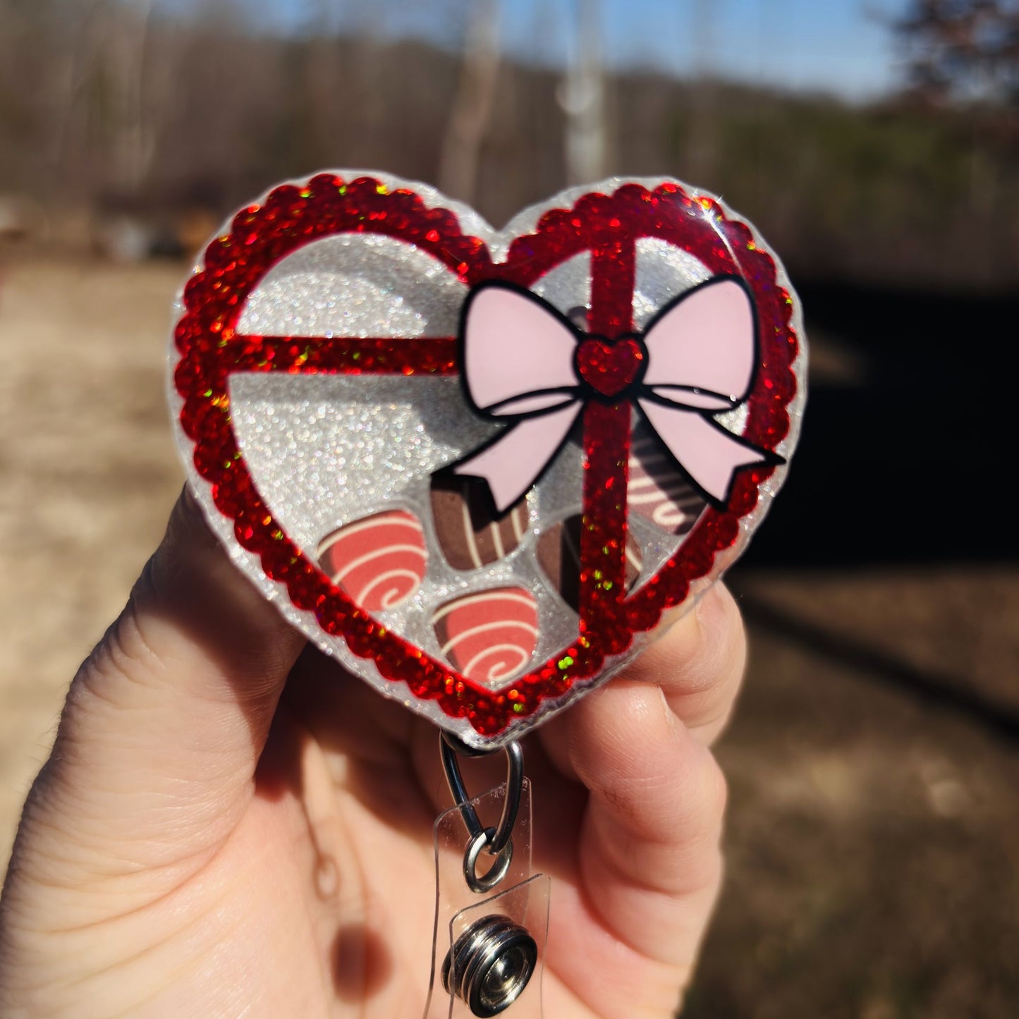 Valentine's Day Box of Chocolate Candy Shaker Badge Reel