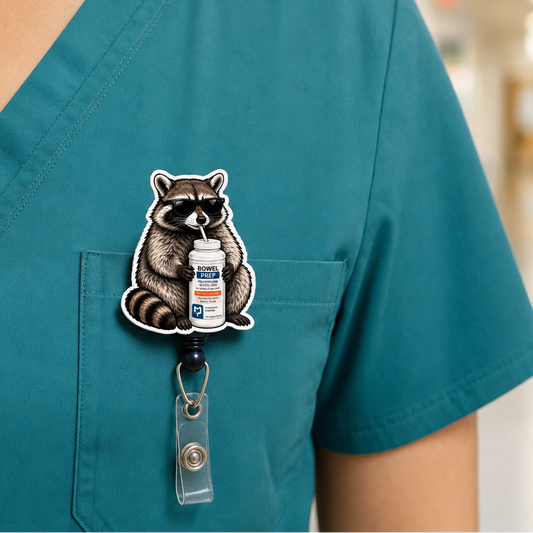A close-up of a teal medical scrub top worn by a person in a blurred hospital hallway, featuring a raccoon pin holding a bowel prep drink