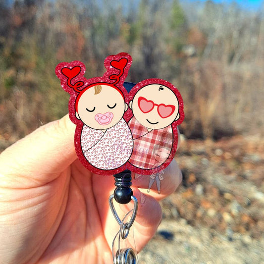 cute valentine themed swaddled nicu babies badge reel with red glitter